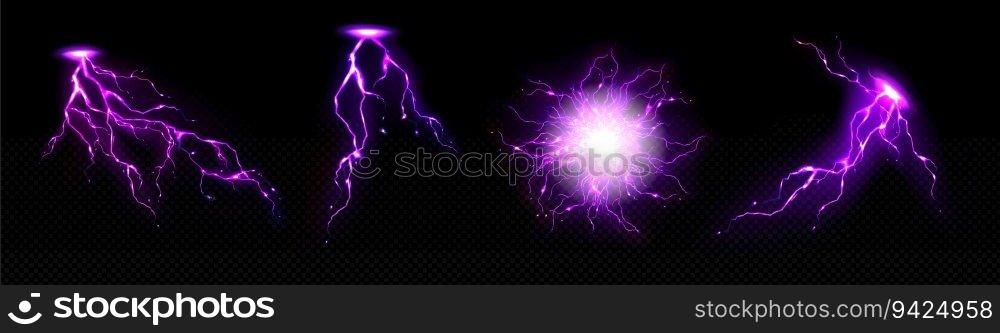 Realistic set of purple lightning strikes and bolts isolated on transparent background. Vector illustration of electric energy discharge effect, sparking flashes of thunderbolt, magic spell power. Realistic set of purple lightning strikes