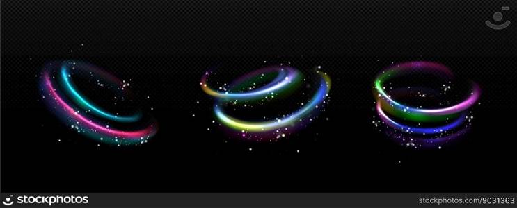 Realistic set of rainbow light motion effects isolated on transparent background. Vector illustration of magic colorful swirl, abstract spiral curve sparkling with shiny particles. Positive energy. Realistic set of rainbow light motion effects
