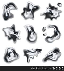 Realistic set of reflective chrome molten drips of different shapes on white background vector illustration. Chrome Shapes Realistic Set