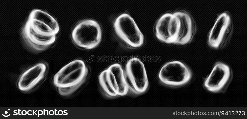 Realistic set of smoke rings isolated on transparent background. Vector cartoon illustration of steam circles, cigarette, vape, hookah vapor swirls, tornado effect, dust puff, co2 smog emission. Realistic set of smoke rings