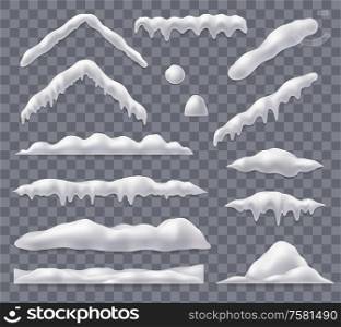 Realistic set of snowdrifts balls and caps isolated on transparent background vector illustration