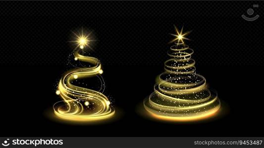 Realistic set of spiral light Christmas trees isolated on transparent background. Vector cartoon illustration of golden xmas swirls decorated with yellow stars and shimmering particles. Holiday decor. Realistic set of spiral light Christmas trees