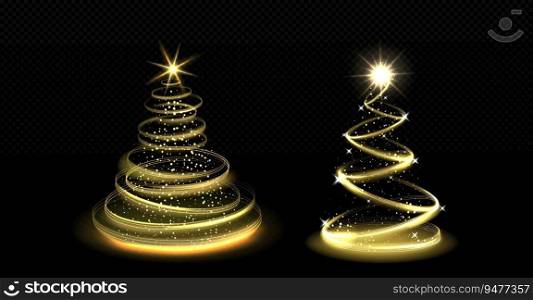 Realistic set of spiral light Christmas trees isolated on transparent background. Vector cartoon illustration of golden xmas swirls decorated with yellow stars and shimmering particles. Holiday decor. Realistic set of spiral light Christmas trees