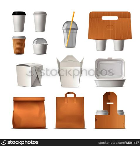 Realistic set of takeout fast food package made of paper and plastic isolated vector illustration . Takeout Fast Food Package Realistic Set