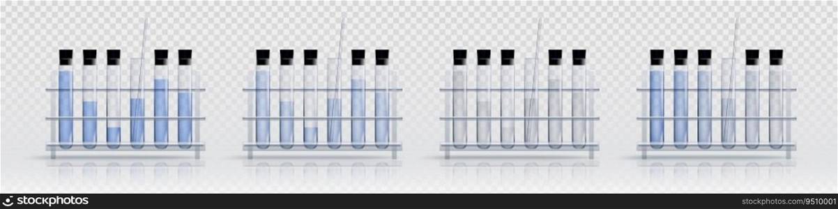Realistic set of test tube racks isolated on transparent background. Vector illustration of chemical laboratory equipment with liquid substance and dropper, lab glassware for scientific experiment. Realistic set of test tube racks