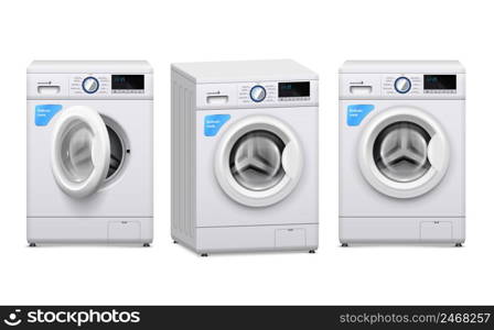 Realistic set of three washing machines with open and closed front door isolated on white background vector illustration. Washing Machine Realistic Set