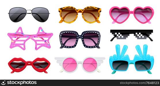 Realistic set of trendy male female and childish sunglasses isolated vector illustration