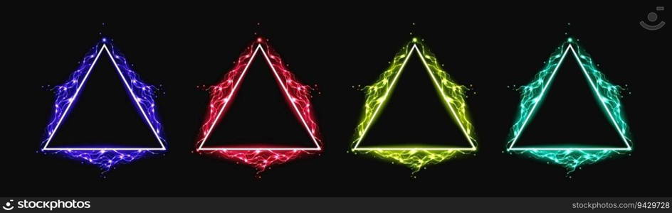 Realistic set of triangles with lightning bolt decor. Vector illustration of neon color geometric figures, scifi game frame, futuristic portal, magic power symbol, luminous electric energy effect. Realistic triangles with lightning bolt decor