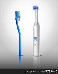 Realistic set of two classic and electric toothbrushes isolated on light background vector illustration. Realistic Toothbrushes Set