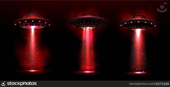 Realistic set of UFOs with red light and smoke portals isolated on black background. Vector illustration of flying saucers glowing in darkness, space vehicle takeoff, alien abduction, planet invasion. Realistic set of UFOs with red light portals