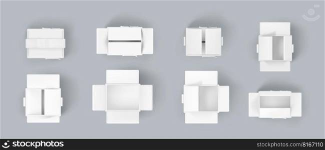 Realistic set of white cardboard boxes isolated on background. Vector 3D illustration of blank packages open and closed, empty inside. Top view collection of rectangle parcels for delivery or moving. Realistic set of white cardboard boxes