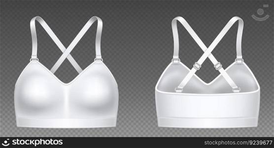 Realistic set of white sports bra isolated on transparent background. Vector illustration of 3D womens underware collection for active lifestyle. Brassiere mockup front and back view. Female fashion. Realistic set of white sports bra on transparent