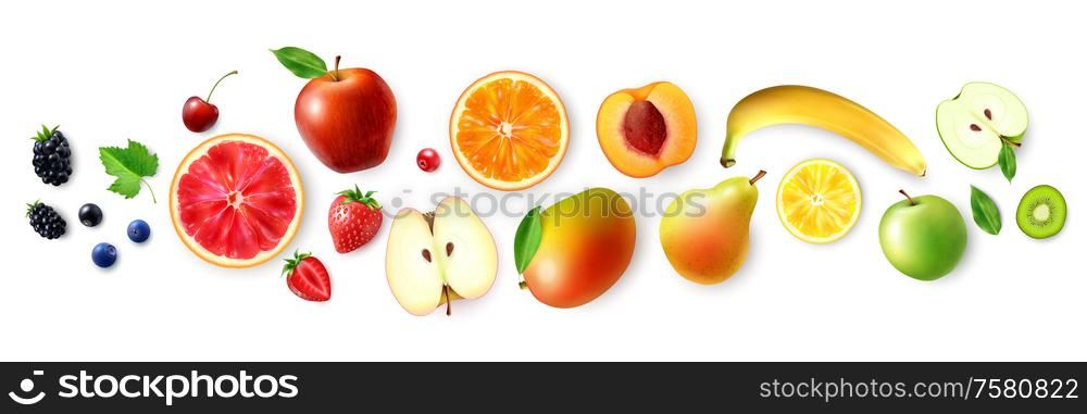 Realistic set with berries and fruits of rainbow colors isolated on white background vector illustration