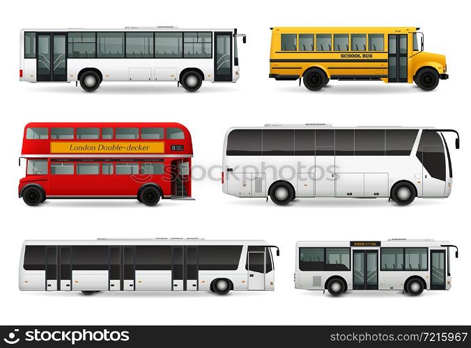 Realistic set with school bus modern urban and touristic transport london double decker vehicle isolated vector illustration. Bus Realistic Set
