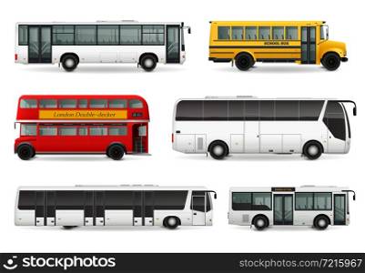 Realistic set with school bus modern urban and touristic transport london double decker vehicle isolated vector illustration. Bus Realistic Set