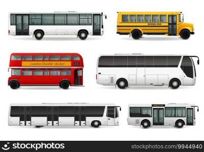Realistic set with school bus modern urban and touristic transport london double decker vehicle