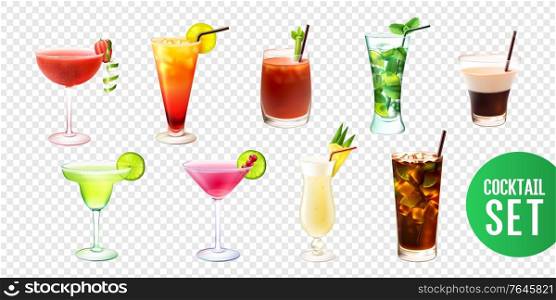 Realistic set with ten alcoholic cocktails in glasses of different shape isolated on transparent background vector illustration