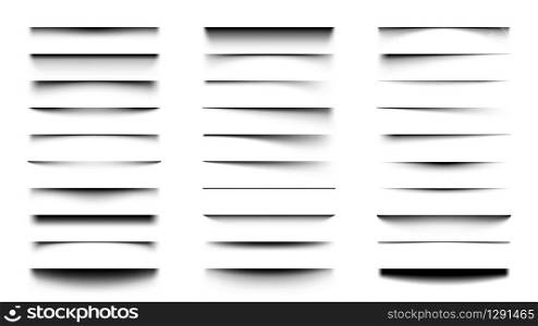 Realistic shadows. Overlay and transparency shadow effect template, box or paper page shadow with soft edges vector set. Transparent effect decoration, edge and shade divider illustration. Realistic shadows. Overlay and transparency shadow effect template, box or paper page shadow with soft edges vector set