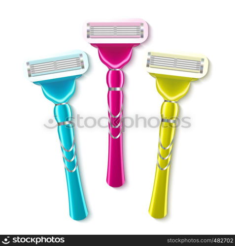 Realistic Shaving Razor Instrument Set Vector. Different Multi-colored Of Razor For Epilation Hair Removal. Skin Care Personal Hygiene Equipment Concept. Top View Image 3d Illustration. Realistic Shaving Razor Instrument Set Vector