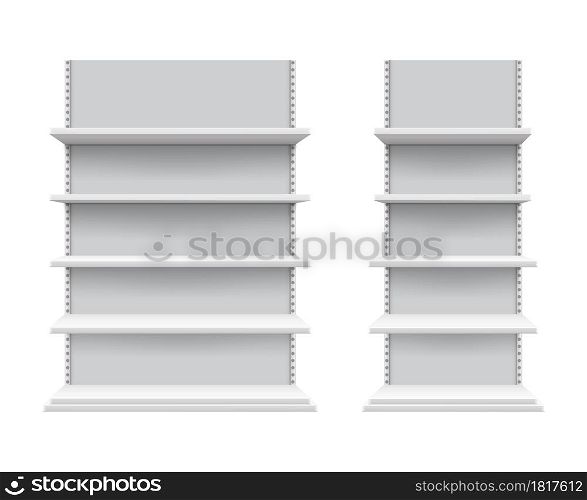 Realistic shelves mockup. Isolated store shelving, white commercial display. 3D blank retail equipment, empty racks for products. Supermarket or expo showcase vector illustration.. Realistic shelves mockup. Isolated store shelving, white commercial display. Supermarket or expo showcase vector illustration