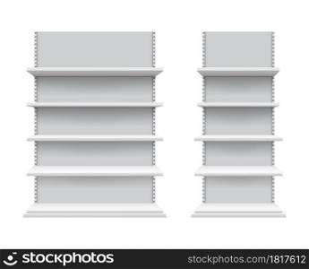 Realistic shelves mockup. Isolated store shelving, white commercial display. 3D blank retail equipment, empty racks for products. Supermarket or expo showcase vector illustration.. Realistic shelves mockup. Isolated store shelving, white commercial display. Supermarket or expo showcase vector illustration