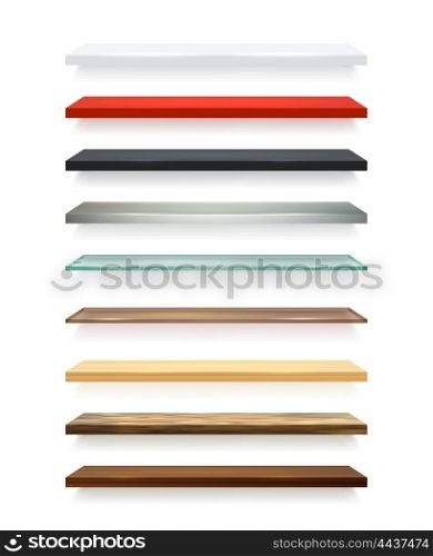Realistic Shelves Set. Realistic different colors wooden shelves set attached to the white wall and with shadows vector illustration