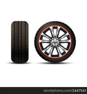Realistic shining disk car wheel tyre set isolated vector illustration
