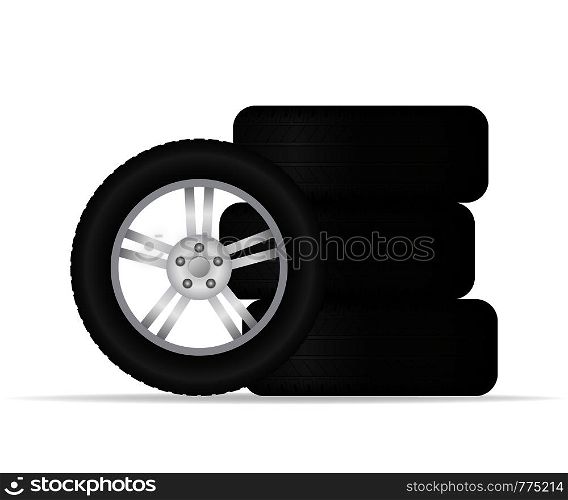 Realistic shining disk car wheel tyre set. Vector illustration.. Realistic shining disk car wheel tyre set. Vector stock illustration.