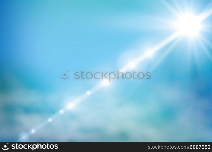 Realistic shining sun with lens flare. Blue sky with clouds background. Vector illustration.. Realistic shining sun with lens flare. Blue sky with clouds background. Vector illustration. EPS 10