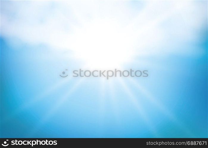 Realistic shining sun with lens flare. Blue sky with clouds background. Vector illustration.. Realistic shining sun with lens flare. Blue sky with clouds background. Vector illustration. EPS 10