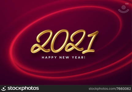 Realistic shiny 3D golden inscription 2021 happy new year on a background with red bright waves. Vector illustration EPS10. Realistic shiny 3D golden inscription 2021 happy new year on a background with red bright waves. Vector illustration