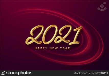 Realistic shiny 3D golden inscription 2021 happy new year on a background with red bright waves. Vector illustration EPS10. Realistic shiny 3D golden inscription 2021 happy new year on a background with red bright waves. Vector illustration