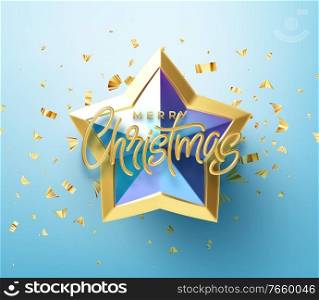 Realistic shiny 3D golden inscription Merry Christmas on a blue gold star background. Vector illustration EPS10. Realistic shiny 3D golden inscription Merry Christmas on a blue gold star background. Vector illustration