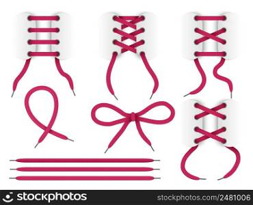 Realistic shoelace. Different lacing way types. Realistic boots ropes. Separate ribbons and bows with grommets. Isolated 3d strings. Cross or parallel variants. Vector footwear red cords positions set. Realistic shoelace. Different lacing ways. Realistic boots ropes. Separate ribbons and bows with grommets. Isolated 3d strings. Cross or parallel variants. Vector footwear red cords set