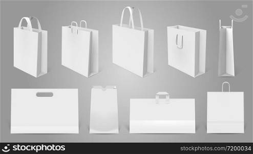 Realistic shopping bag. White paper empty bags, 3d modern shopping bag mockup. Packaging templates isolated vector illustration set. Realistic bag and empty, retail merchandise pack with handle. Realistic shopping bag. White paper empty bags, 3d modern shopping bag mockup. Packaging templates isolated vector illustration set