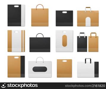 Realistic shopping craft paper, white and black bags design mockups. Store packet with cord handles. Supermarket cardboard bag vector set. Reusable blank packages for corporate branding. Realistic shopping craft paper, white and black bags design mockups. Store packet with cord handles. Supermarket cardboard bag vector set