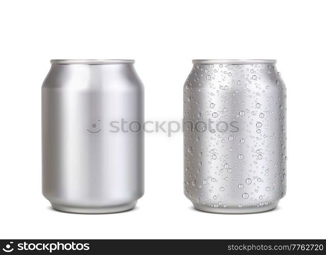 Realistic short aluminium can with water drops. Silver beer, soda, lemonade, juice, coffee energy drink mockup. Isolated vector metal 3d canisters, blank tin jars with blobs front view, beverage can. Realistic short aluminium can with water drops