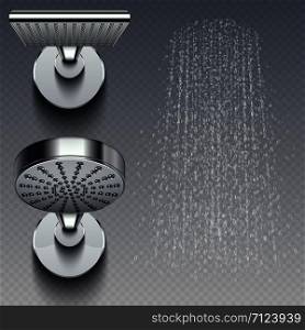 Realistic shower metal heads and trickles of water vector illustration isolated on transparent background. Shower for bathroom, head chrome realistic. Realistic shower metal heads and trickles of water vector illustration isolated on transparent background
