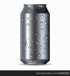 Realistic silver aluminum can with drops isolated on a white background. Realistic silver aluminum can with drops