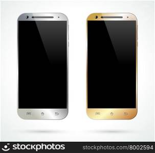 Realistic silver and gold smartphone isolated on white background. Vector design smart phones. Mobile phone front view. Vector illustration.. Silver gold smartphones