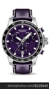 Realistic silver black watch chronograph purple face leather strap on white backgrounddesign for men fashion vector 