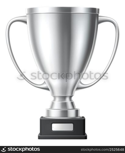 Realistic silver cup. Shiny metal award mockup isolated on white background. Realistic silver cup. Shiny metal award mockup