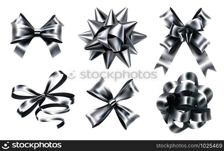 Realistic silver foil bows. Decorative bow, metallic favor ribbon and christmas gift bows signs. Luxury wrapping bows ribbons, christmas gifts knot. 3D isolated vector illustration icons set. Realistic silver foil bows. Decorative bow, metallic favor ribbon and christmas gift bows 3D vector illustration set