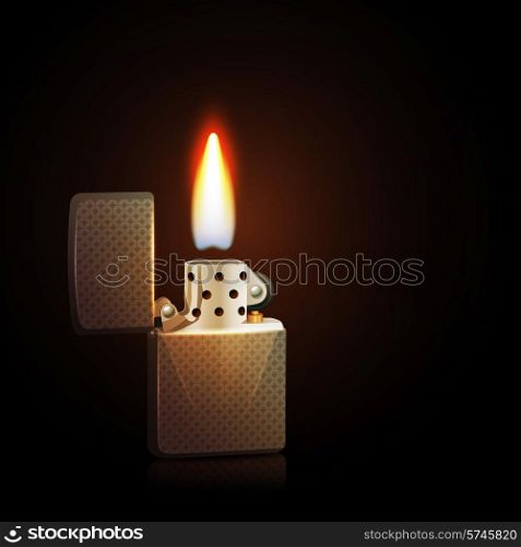 Realistic silver gasoline lighter with burning flame on dark background vector illustration