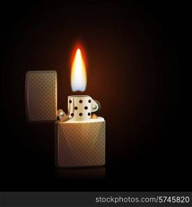 Realistic silver gasoline lighter with burning flame on dark background vector illustration