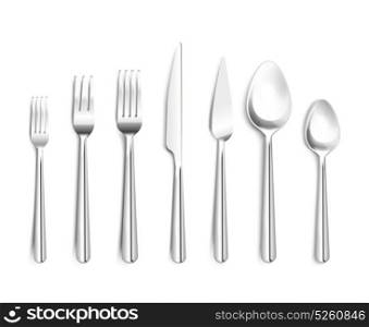 Realistic Silverware Top View. Realistic shiny silverware top view 3d design with forks knives spoons on white background isolated vector illustration