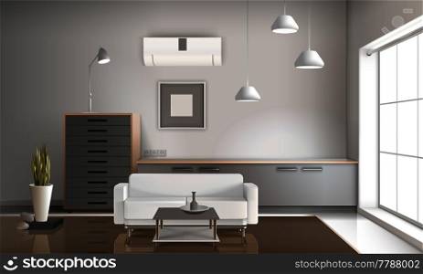 Realistic sitting room interior 3d design with hanging lamps, furniture, conditioner on wall glossy floor vector illustration. Realistic Sitting Room Interior 3D Design