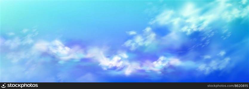Realistic sky, blue heaven with white soft fluffy clouds abstract natural background. Tranquil cloudscape view, vivid fantasy panoramic backdrop, beautiful skyey paradise, 3d vector illustration. Realistic sky, blue heaven with white soft clouds