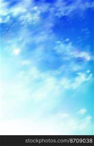 Realistic sky, blue heaven with white soft fluffy clouds abstract natural background. Tranquil cloudscape view, vivid fantasy vertical backdrop, beautiful skyey paradise, 3d vector illustration. Realistic sky, blue heaven with white soft clouds