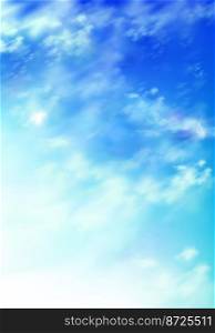 Realistic sky, blue heaven with white soft fluffy clouds abstract natural background. Tranquil cloudscape view, vivid fantasy vertical backdrop, beautiful skyey paradise, 3d vector illustration. Realistic sky, blue heaven with white soft clouds